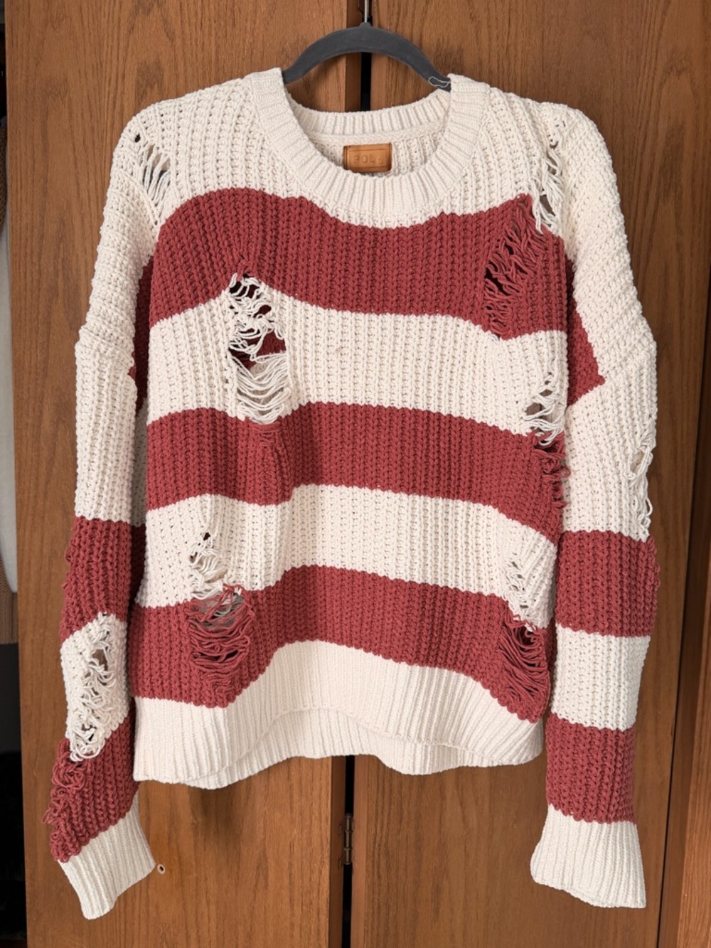 POL Striped Distressed Crewneck Sweater